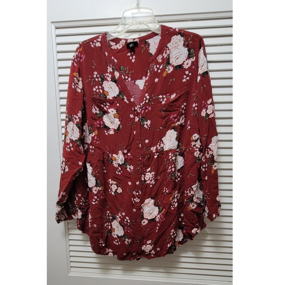 Torrid Womens 3 Floral Button Front Blouse Burgundy Red Rayon Babydoll Top - Picture 2 of 9